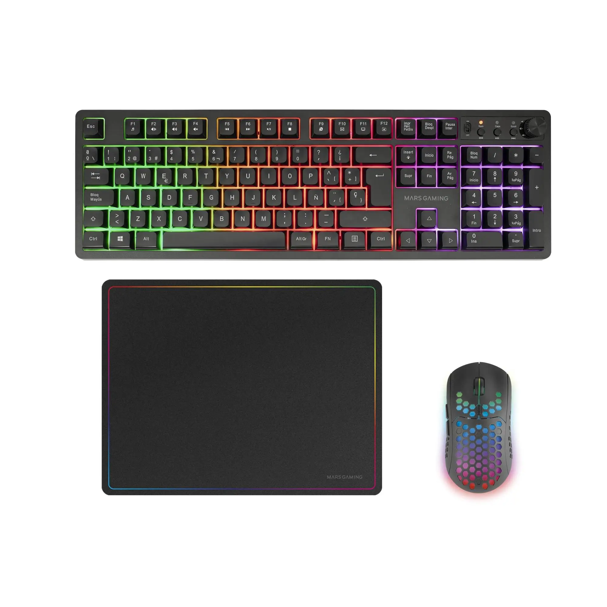Mars Gaming MCPWX, Combo Gaming Inalámbrico, Tecnología DualPro Link 2.4GPRO, Teclado Completo FRGB con Control Multimedia + Ratón RGB 3200DPI + Alfombrilla Antideslizante 360x260mm, Combo PC Profesional