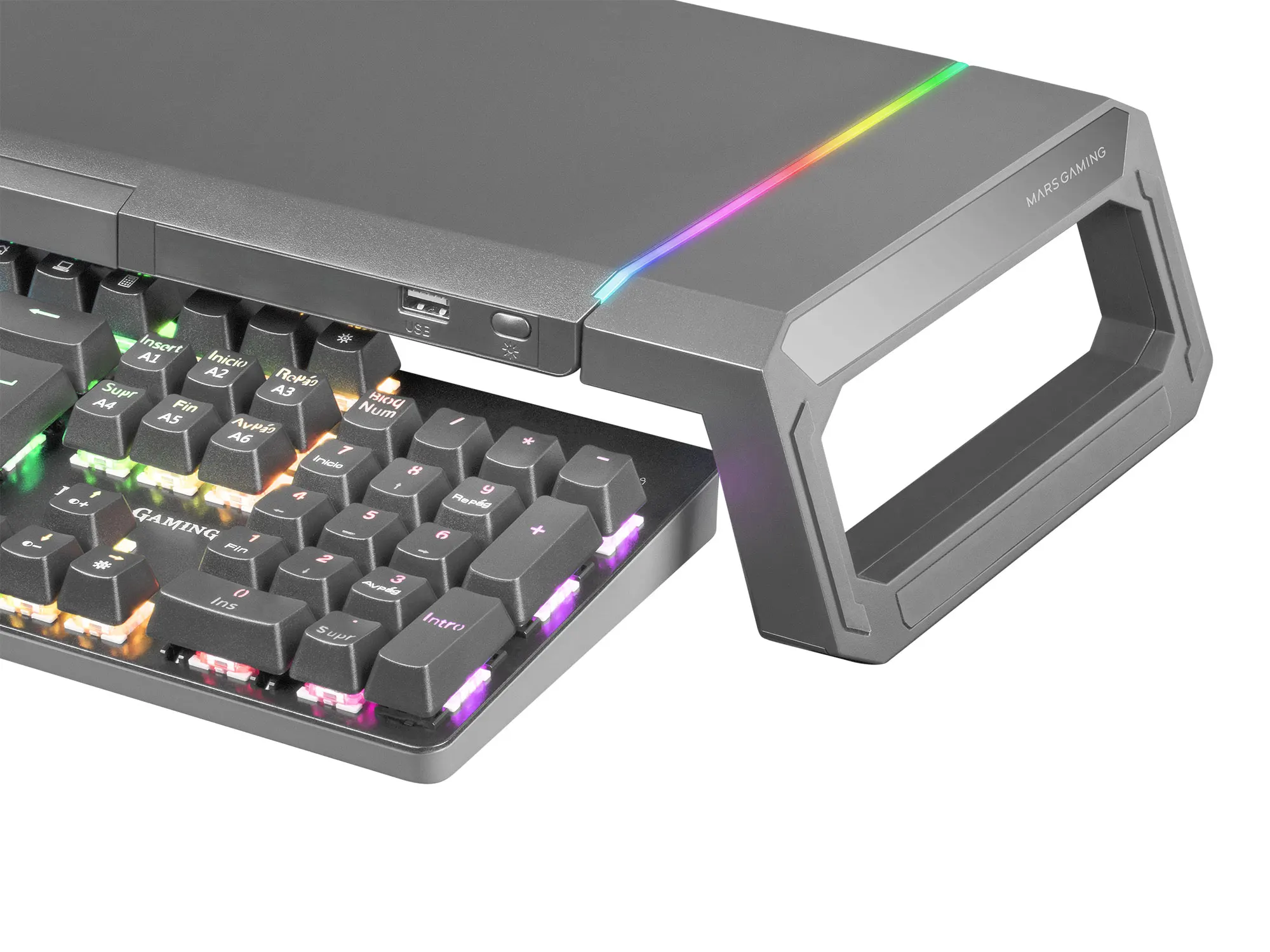 Mars Gaming MGS-ONE, Soporte Premium Monitor, Iluminación RGB Chroma, Soporte Móviles/Tablets y Cajón, Ajustable 3 Tamaños, USB 2.0, Soporte Gaming RGB Blanco - imagen 3