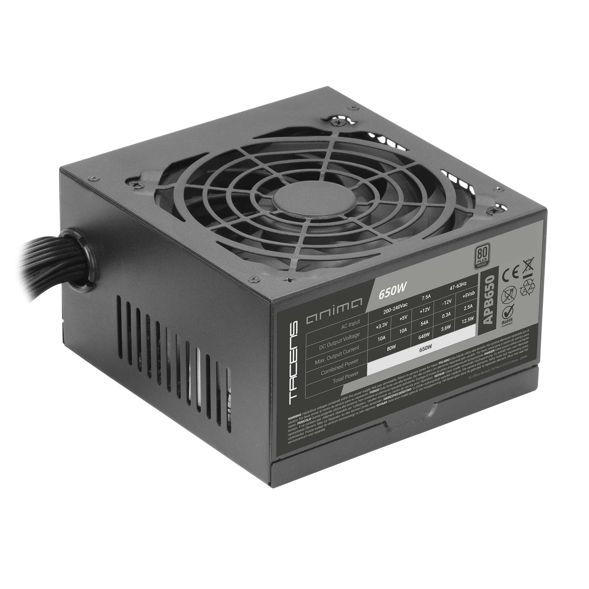 Tacens Anima APB650, Fuente Alimentación PC ATX 650W, Certificado 80Plus Bronze, 85% Eficiencia, Tecnologías SMD y DC-DC, Ventilador Ultra-silencioso 12cm, Cables Planos Extralargos, Fuente PC 650W Negra - imagen 2