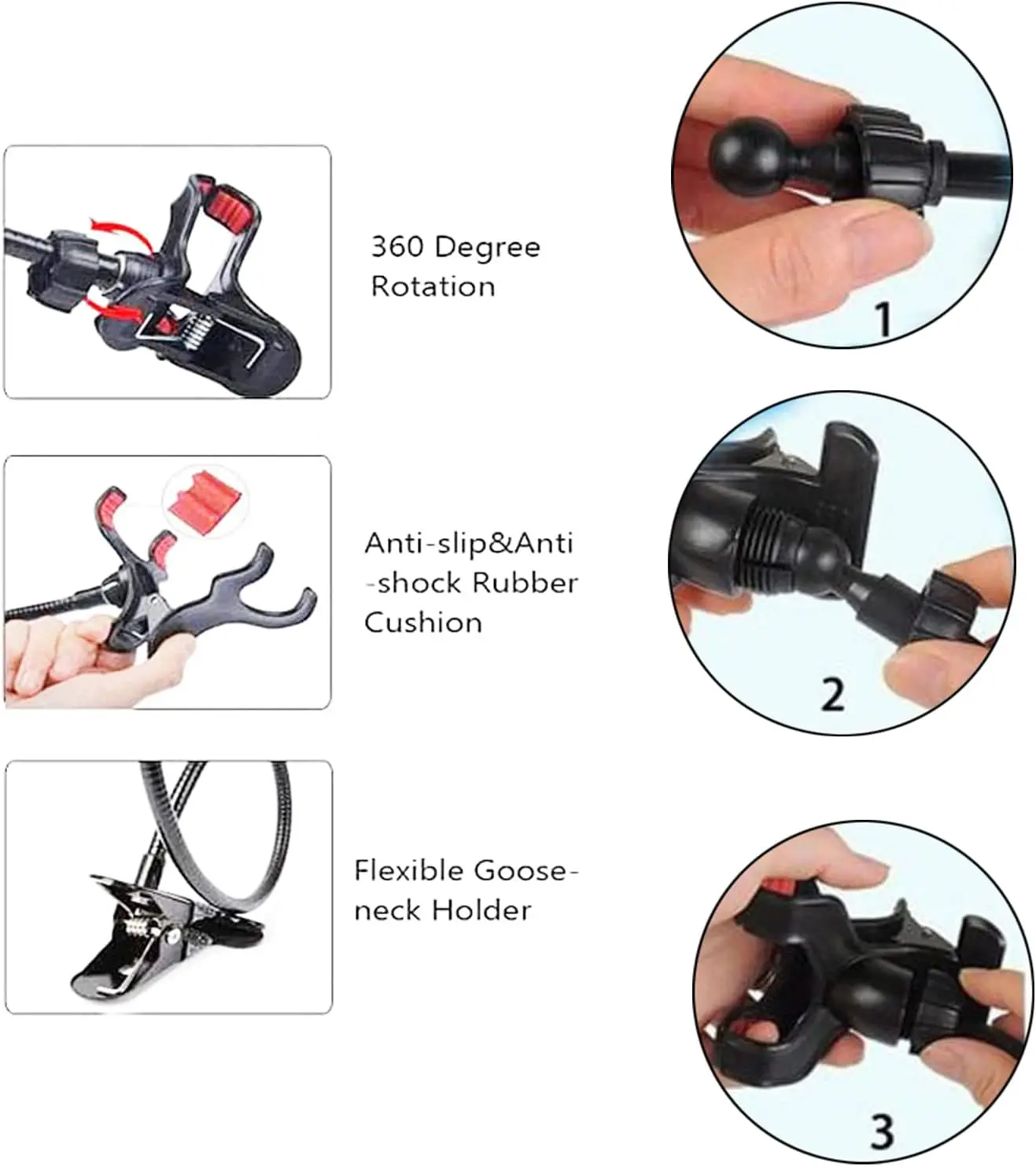 Soporte para teléfono de escritorio ajustable en cuello de cisne, Universal Teléfono Móvil Soporte Cuello de Cisne Soporte, con brazo articulado 360° y doble pinza para todos los teléfonos. - imagen 3