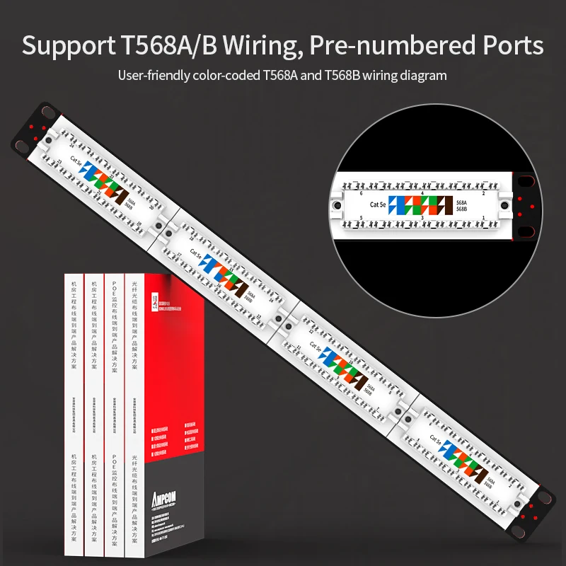 AMPCOM Premium Series CAT5e/6 Panel de conexión keystone de 24/48 puertos, montaje en rack -1/2U, 19 pulgadas, 568A/B, 50u Gold Pla - imagen 4