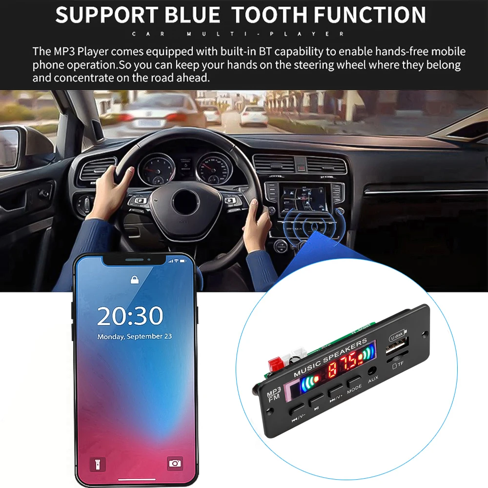 Placa decodificadora Bluetooth para coche, reproductor MP3, Radio FM con amplificador, llamada de soporte/grabación/USB/TF/LINE IN/FM/BLUETOOTH, CC de 12V - imagen 5