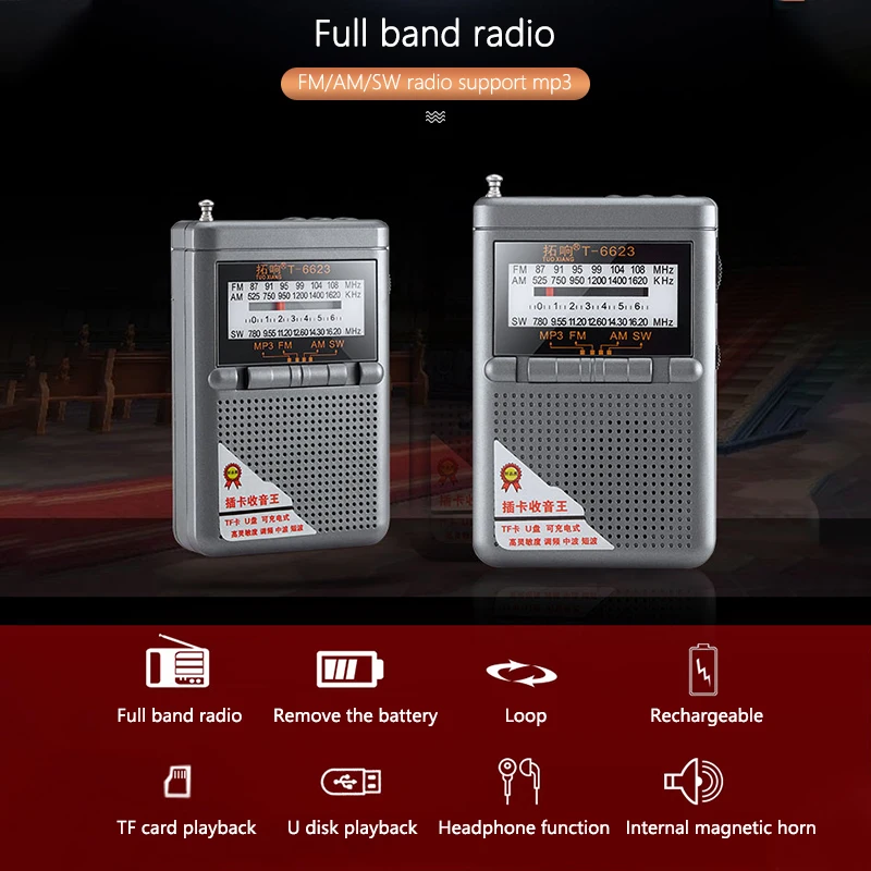 Radio de banda completa FM AM SW Mini Radio de banda mundial con pantalla LED hebilla soporte tarjeta TF conector para auriculares receptor de Radio Universal - imagen 2