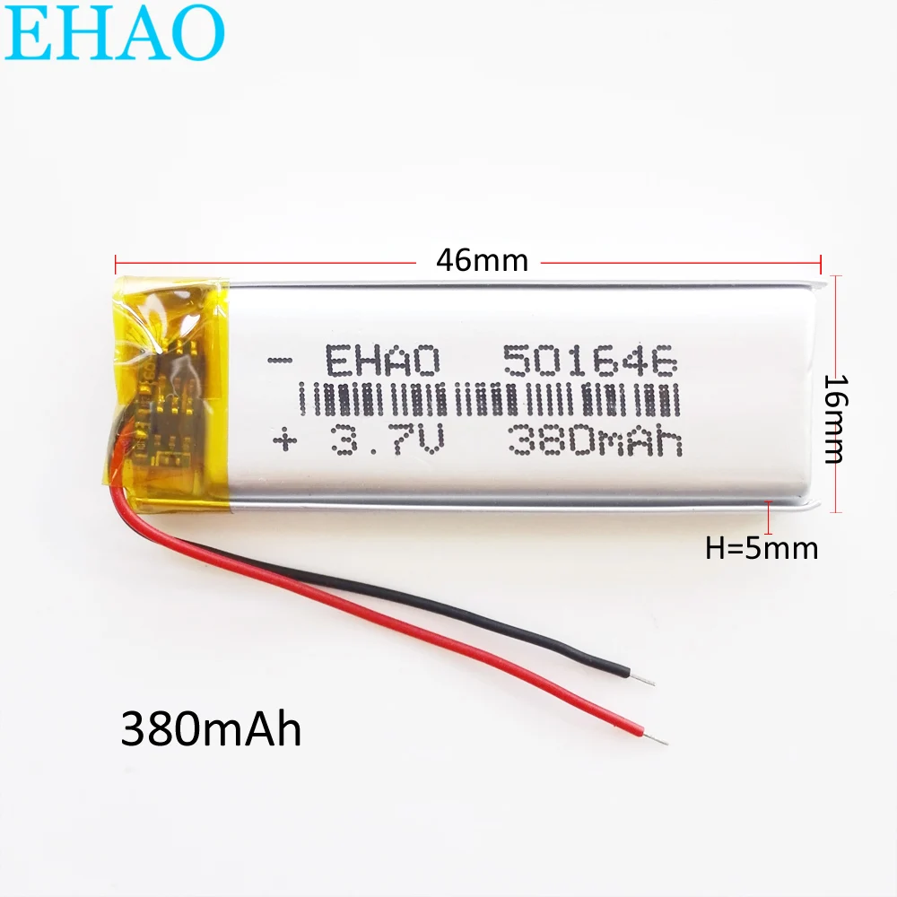 EHAO-batería recargable de polímero de litio LiPo, 501646, 3,7 V, 380mAh, células de energía para Mp3, DVD, cámara, GPS, Bluetooth, reloj inteligente