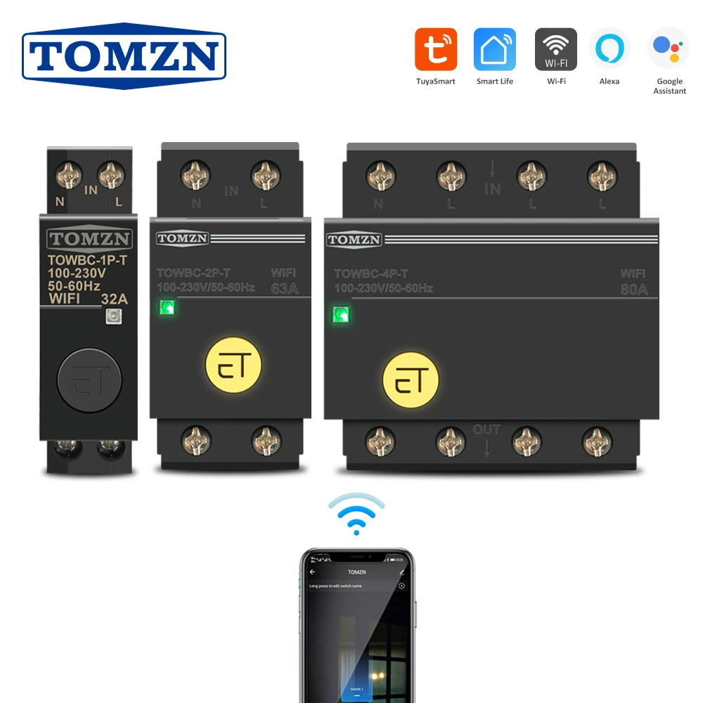 Disyuntor WIFI con carril Din, interruptor inteligente con Control remoto de Smart Life TUYA para hogar inteligente MCB TOMZN Mini TOWBC-4P-T