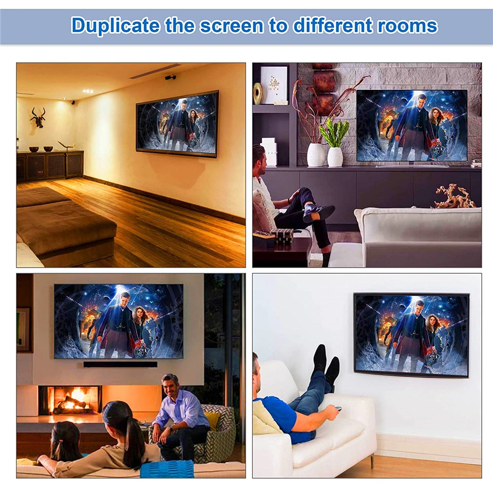 Un collage de cuatro escenas de sala de estar diferentes con un gran televisor de pantalla plana en cada