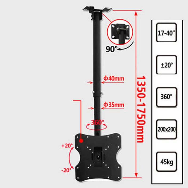 DLC-201B de montaje en pared para tv lcd, soporte de techo led, altura ajustable, 135-175CM, 200x200, 10-37 pulgadas, 15 inclinable hacia arriba y abajo, 175cm
