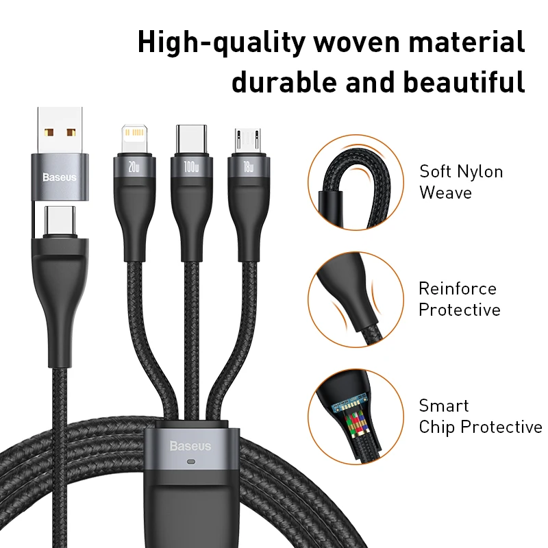 Cable Baseus 3 en 1 USB-C Lightning Micro USB Carga Rápida 100W - imagen 5