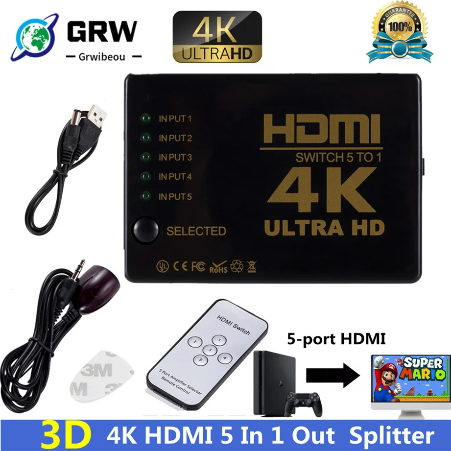 Divisor de Cable HDMI 4K 2K 5x1, adaptador conmutador vídeo HD 1080P, 5 entradas, 1 puerto salida, concentrador para Xbox, PS4, DVD, HDTV, PC, portátil y TV