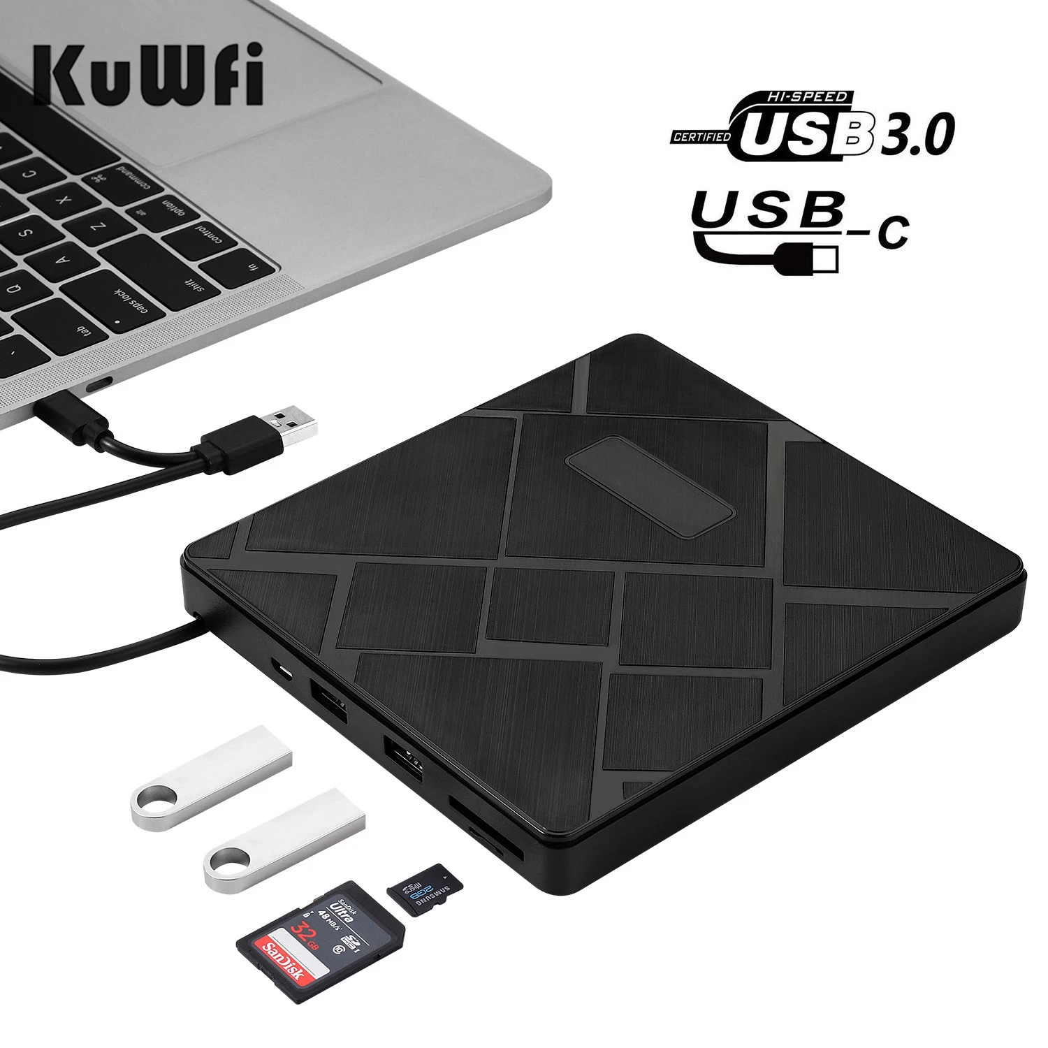 KuWFi-grabador de DVD usb 3,0 + tipo C, Unidad óptica externa RW, reproductor de CD/DVD, lector de tarjetas TF/SD para Mac, portátil, Windows y PC - imagen 2