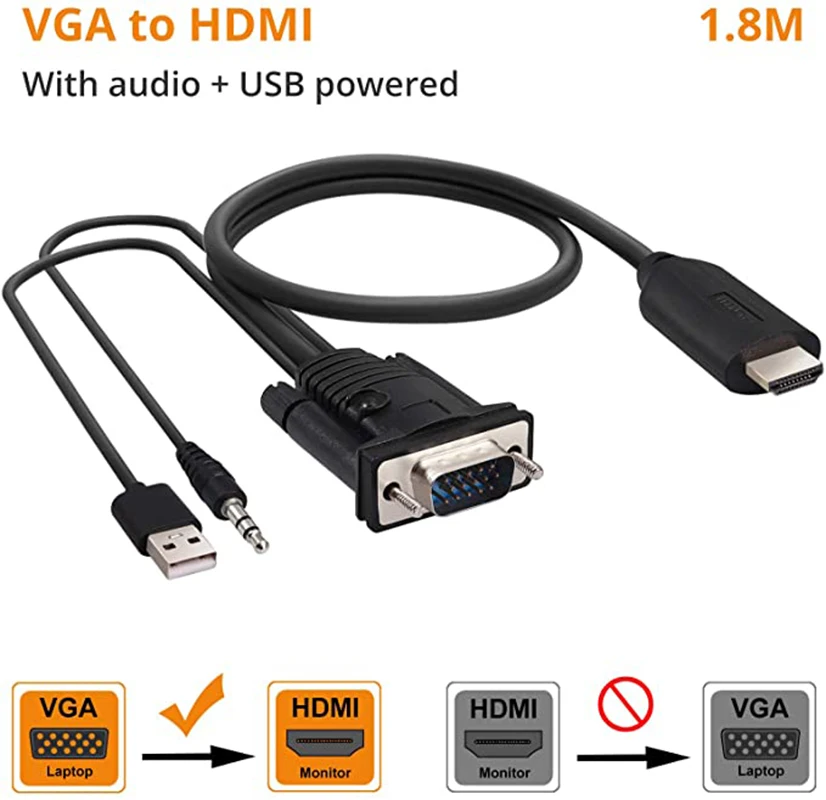 Cable adaptador VGA a HDMI con Audio de 3,5mm, convertidor de vídeo USB de 6 pies/1,8 m, 1080P, compatible con Nintendo Switch, PS4, ordenador portátil, etc.