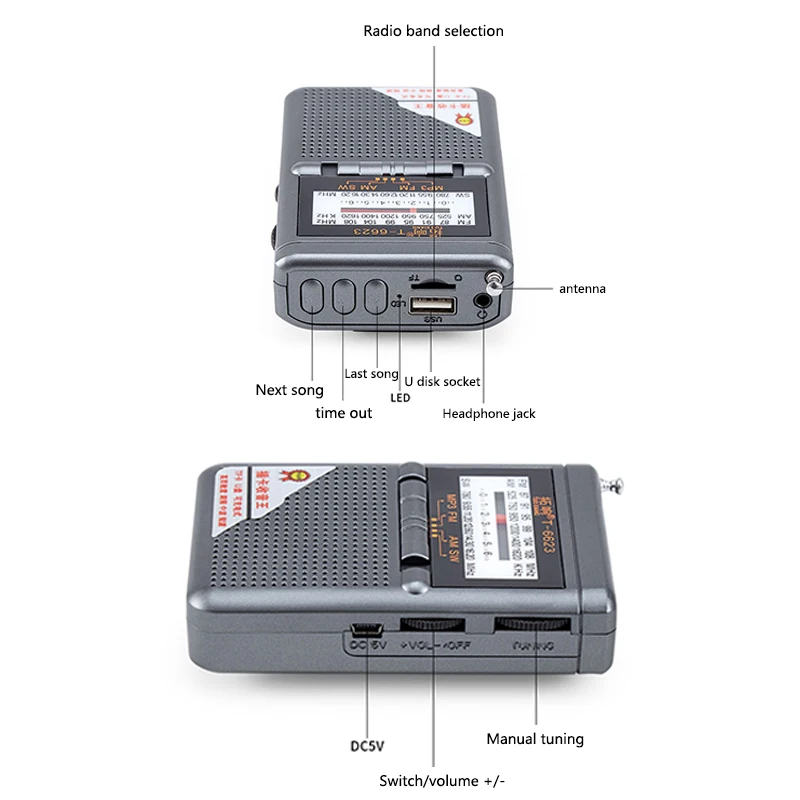 Radio de banda completa FM AM SW Mini Radio de banda mundial con pantalla LED hebilla soporte tarjeta TF conector para auriculares receptor de Radio Universal - imagen 5
