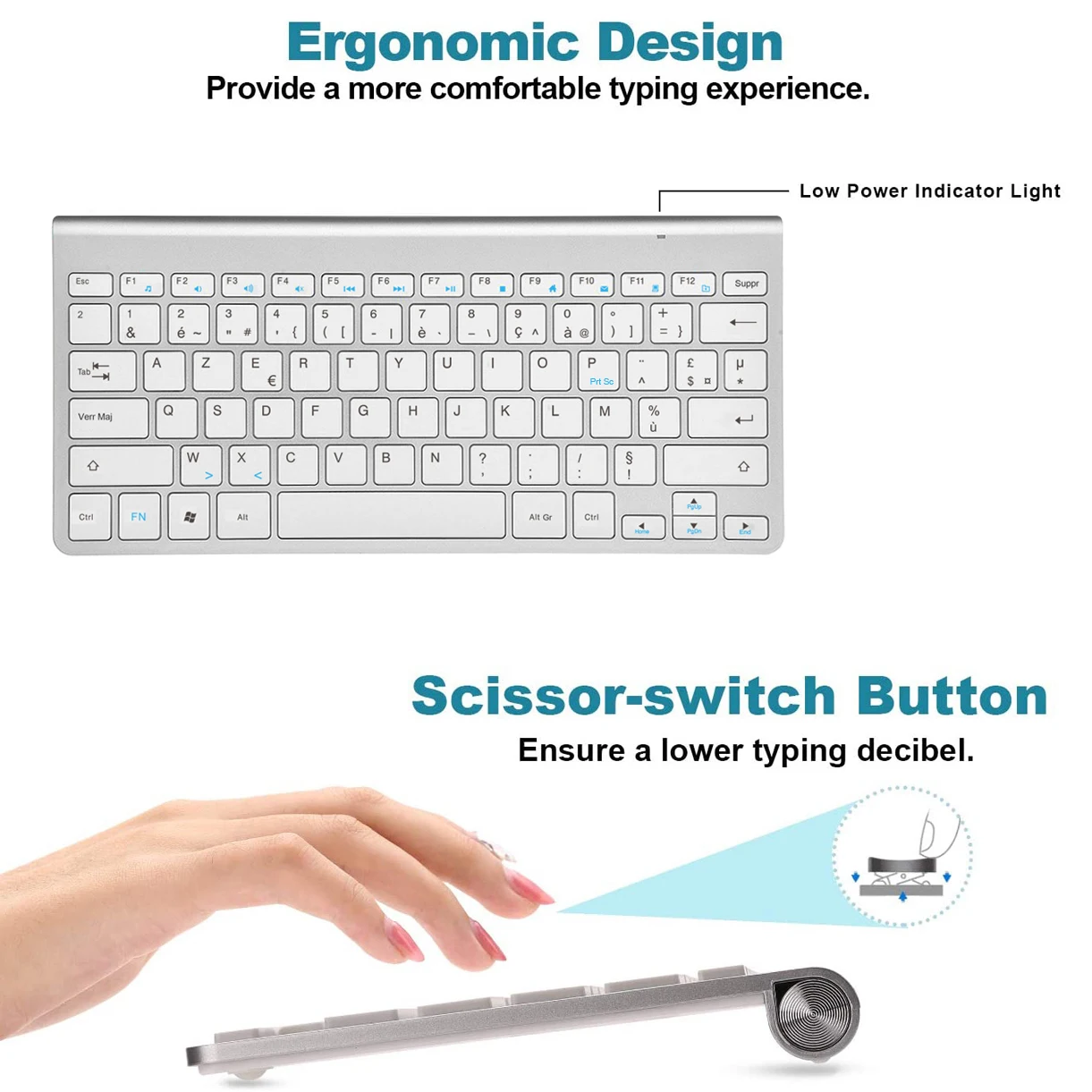 Teclado inalámbrico AZERTY francés, ratón, teclado Multimedia ultradelgado, Combo de ratón de poco ruido para ordenador portátil, escritorio, Windows 7 10 11 - imagen 5