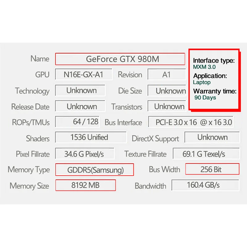 Nuevo para Dell Alienware M17X R4 R5 M18X R2 R3 /HP /MSI/Clevo GTX980M GTX 980M 8GB GDDR5 N16E-GX-A1 tarjeta gráfica de vídeo - imagen 3