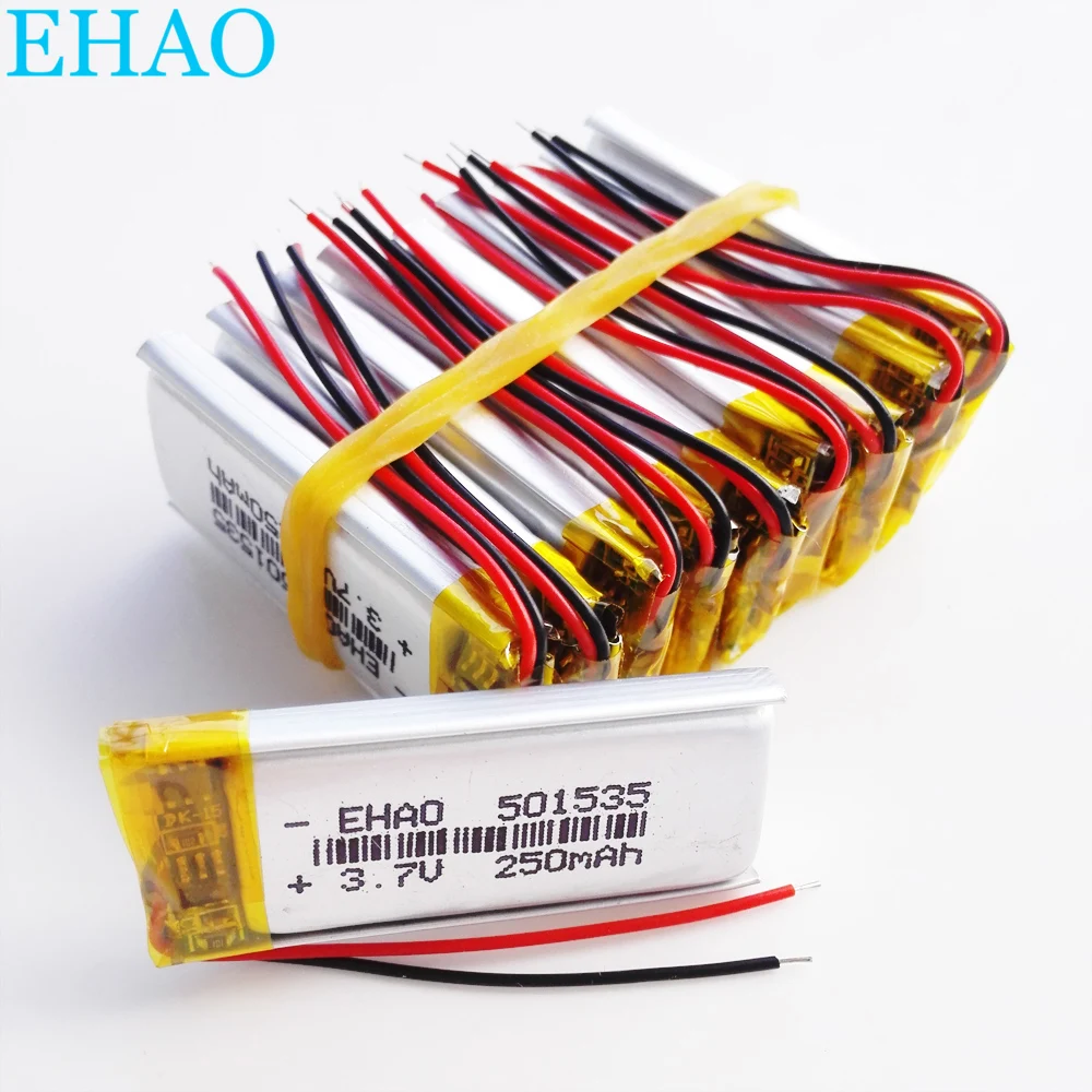 Venta al por mayor 10 Uds 3,7 V 250mAh batería recargable LiPo de polímero de litio 501535 para auriculares Mp3 altavoz Bluetooth Recorde