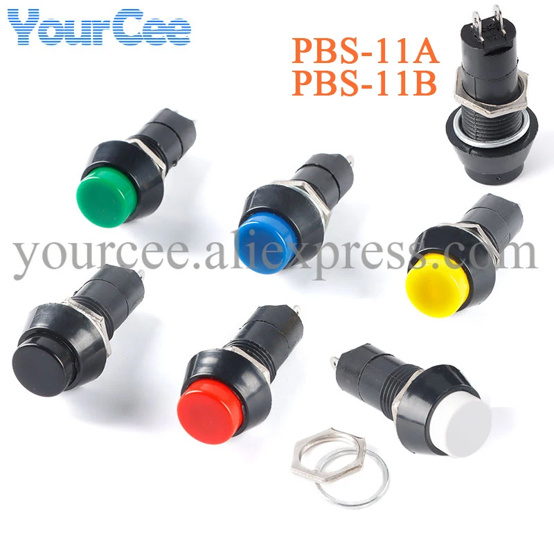 Interruptor de botón de bloqueo automático de 7/12mm PBS-11A PBS-11B interruptor redondo reinicio sin bloqueo autorecuperación 3A 250VAC 2 pines 6 colores PBS-110 - imagen 3