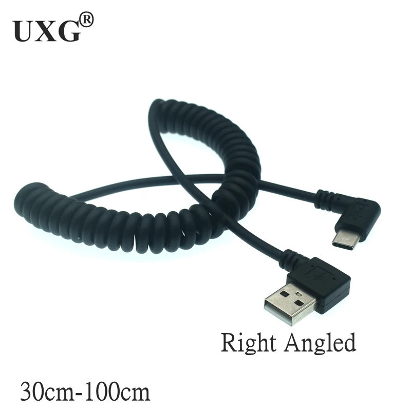 90 Degree Left /Right Angled USB Type C Retractable Spring  Fast Charging Data  Cord Adapter For Huawei Xiaomi Samsung 100CM - imagen 2