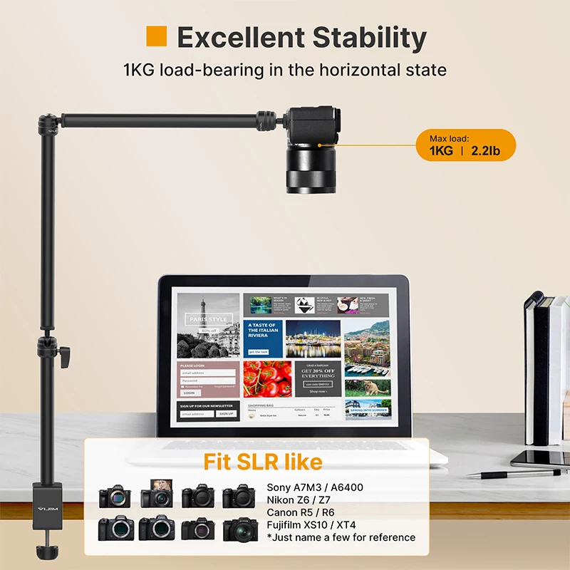 VIJIM LS08-Soporte de luz con abrazadera en C para escritorio, brazo de extensión de tres secciones, cabezal de bola de 1/4 pulgadas para micrófono, cámara DSLR, carga máxima de 1KG - imagen 5