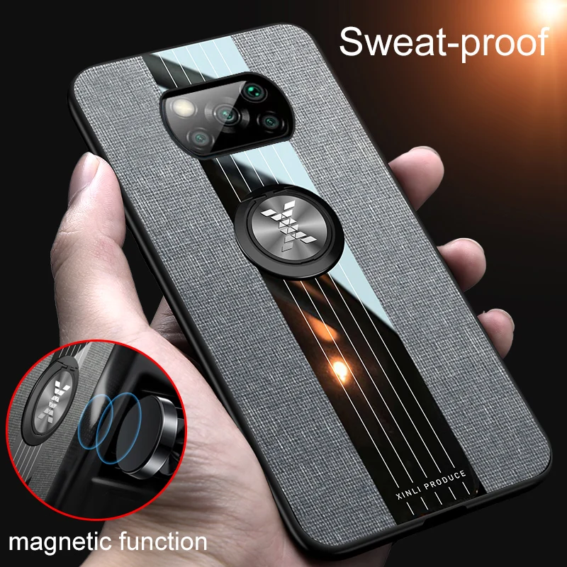 Funda de lujo con soporte de anillo para móvil, cubierta trasera protectora delgada con imán para Xiaomi Pocophone X3, NFC, paño duro, para xiaomi poco x3 pro x3
