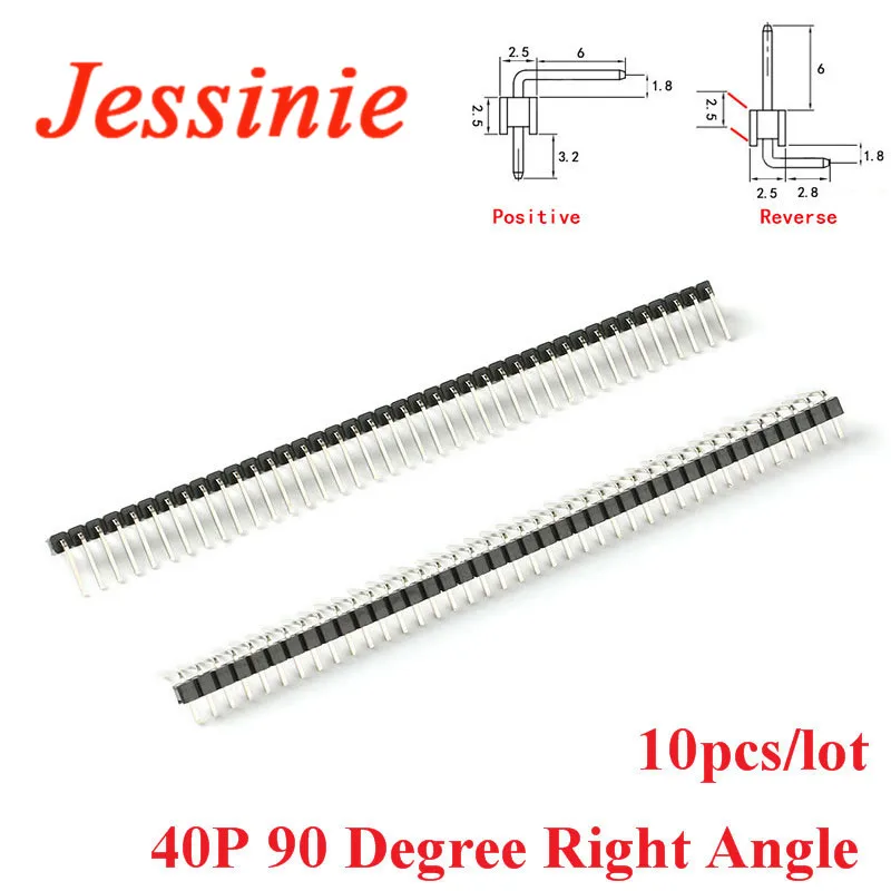Conector de placa PCB de ángulo recto de 90 grados, fila única macho R/A de 40 Pines, cabezal positivo/inverso, 10 piezas, 2,54mm, 1x40 P, 1x40P