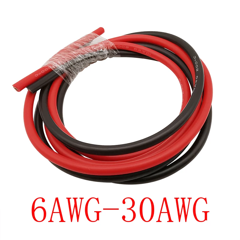 Cable eléctrico de silicona suave a prueba de calor, 1 metro, negro + 1 metro, rojo, 6, 8, 10, 12, 14, 16, 18, 20, 22, 24, 26, 28, 30 AWG