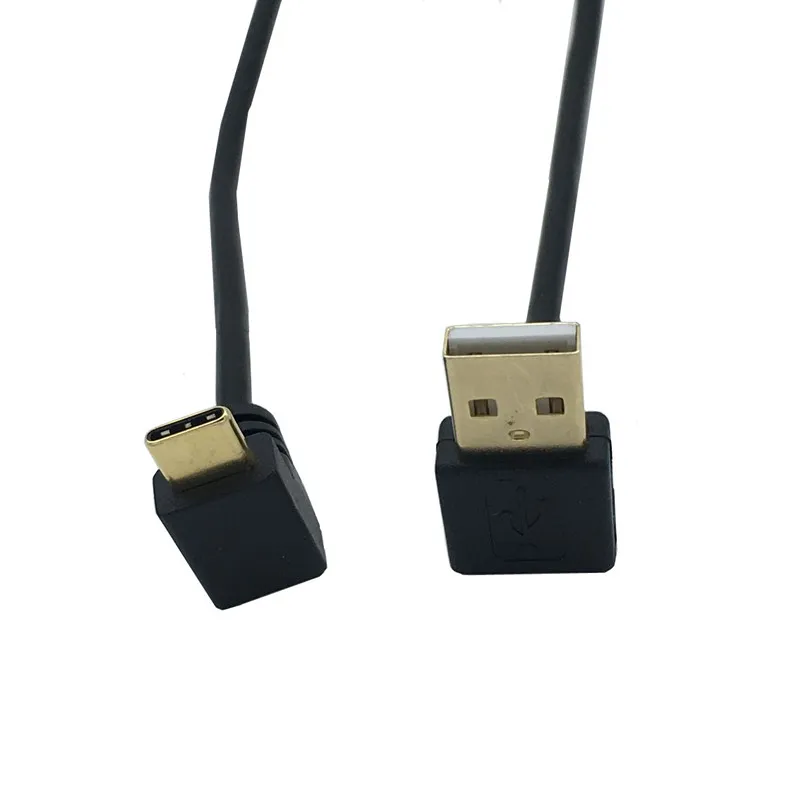 USB2.0 macho a arriba y abajo en ángulo 90 grados USB 3,1 tipo c USB macho Cable conector de carga de datos 25cm para tableta teléfono