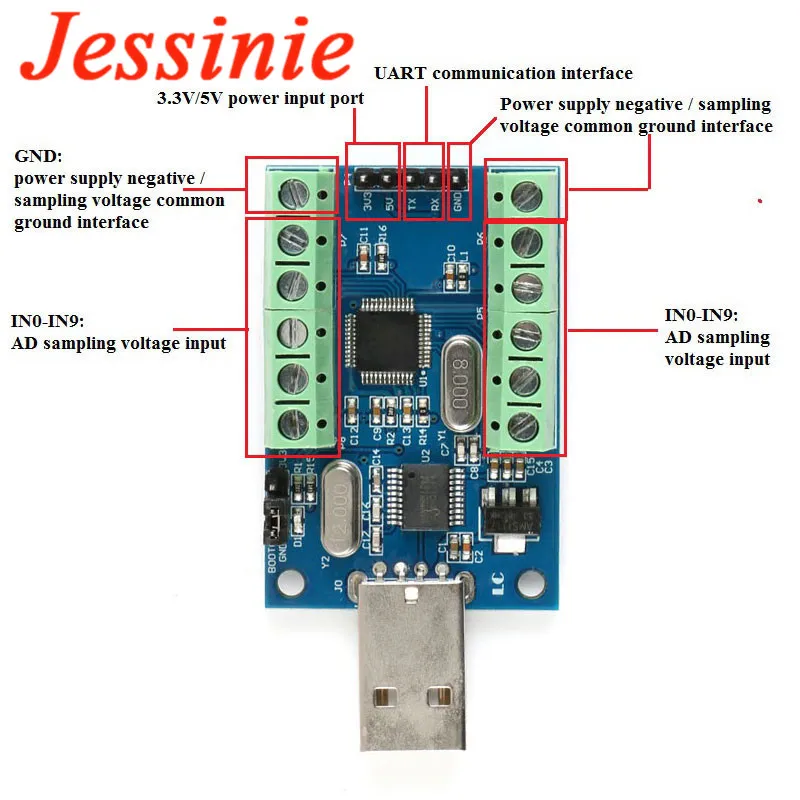 STM32F103C8T6 Interfaz USB 10 canales 12 bits AD Adquisición de datos de muestreo Módulo ADC de comunicación UART STM32