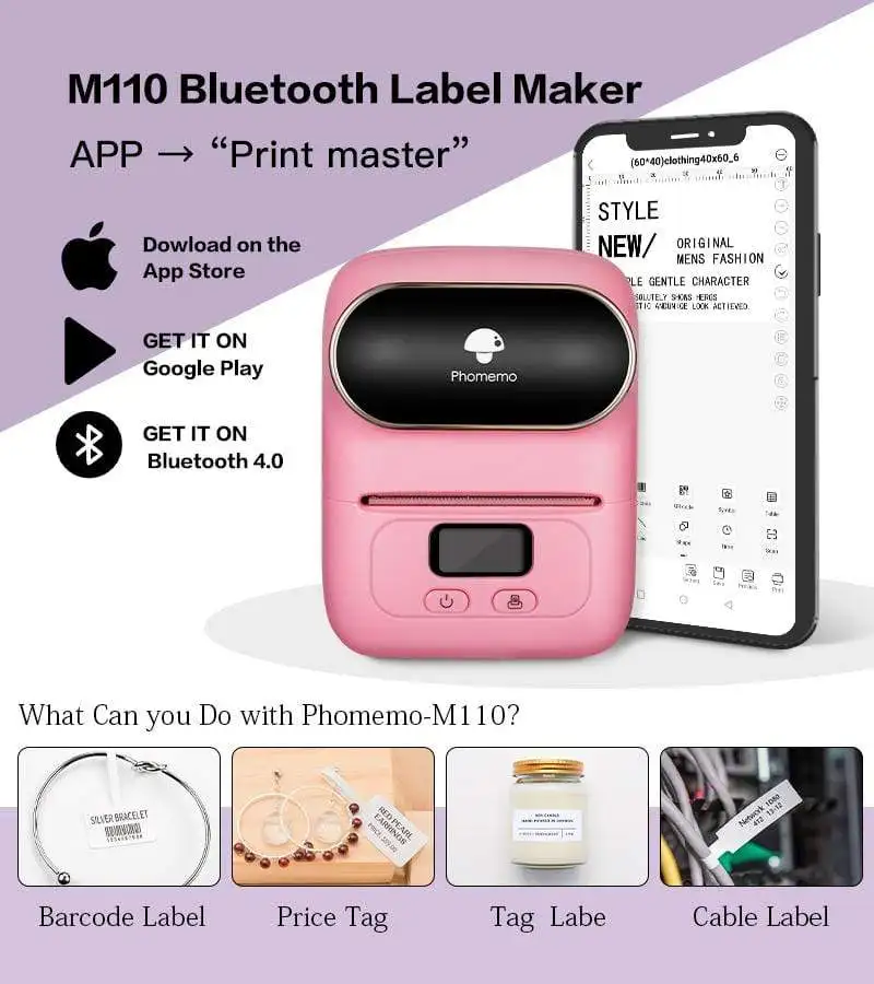 Phomemo-Impresora térmica portátil M110 para etiquetas, máquina de impresión térmica de bolsillo con batería de larga duración, 1500mAh, BT, para negocios y oficina - imagen 2