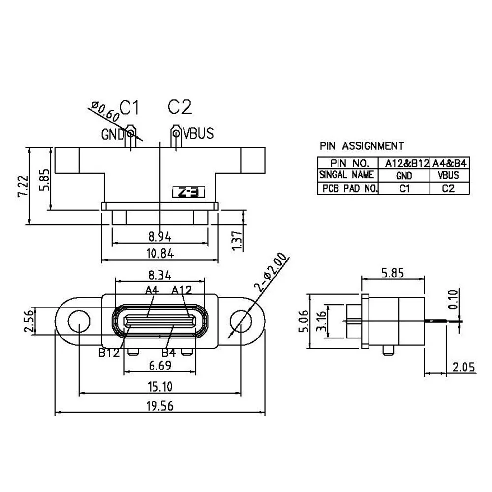 1 Uds TYPE-C puerto de enchufe USB C hembra impermeable de 2 pines con orificio para tornillo interfaz de carga rápida conector USB de 180 grados - imagen 2