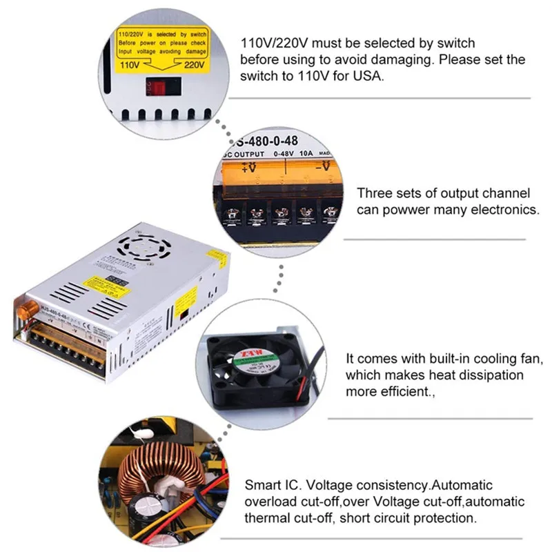 Fuente Conmutada SMPS 12V/24V/48V Ajustable 480W con Display - imagen 2