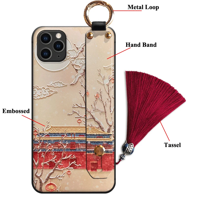 Para iPhone 16 16e 15 14 13 12 11 Pro Max Mini SE XR Plus Funda 3D en relieve banda de mano soporte de correa borla Funda suave - imagen 2