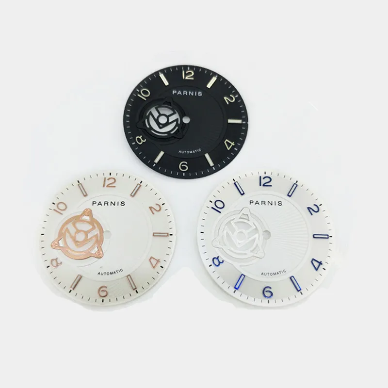 Esfera de reloj rosa de 36,5mm con luz verde para movimiento NH38, accesorios de reparación de repuesto opcionales, negro/blanco