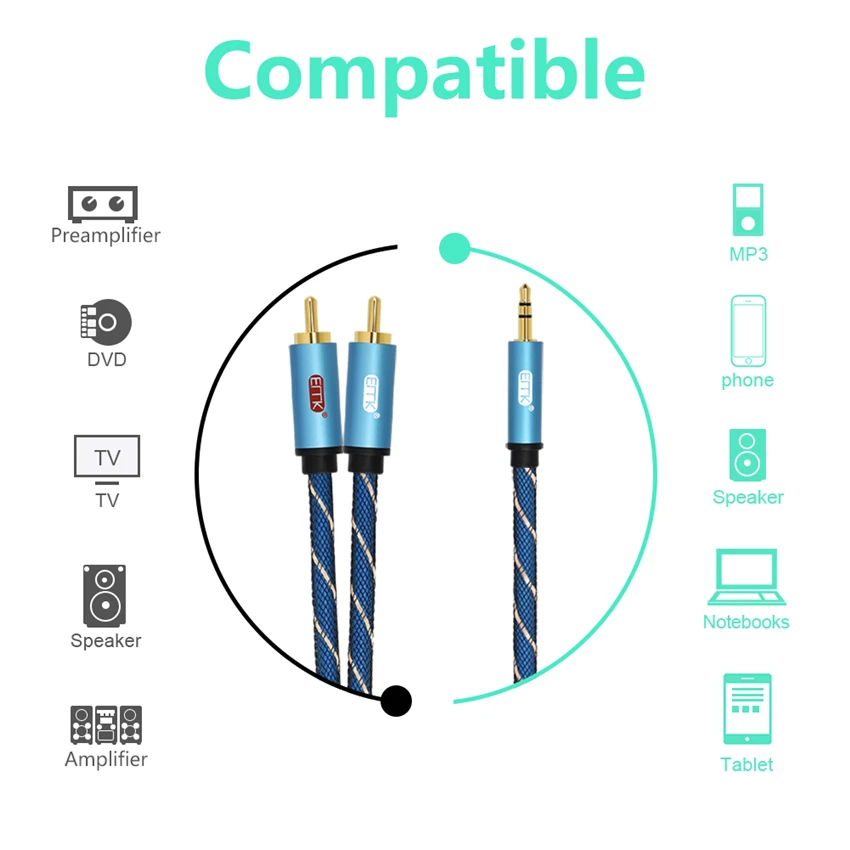 EMK-Cable de Audio de 3,5mm a 2RCA, conector RCA a 3,5 AUX, para DJ, amplificadores, Subwoofer, mezclador de Audio, cine en casa, DVD - imagen 5