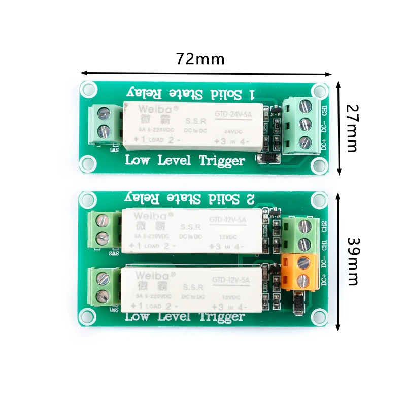 Módulo de relé de 5V/12V/24V, módulo de relé de estado sólido de disparo de bajo nivel, placa de Control de CC, dispositivo monofásico de CC, 5A, 1 y 2 canales - imagen 2