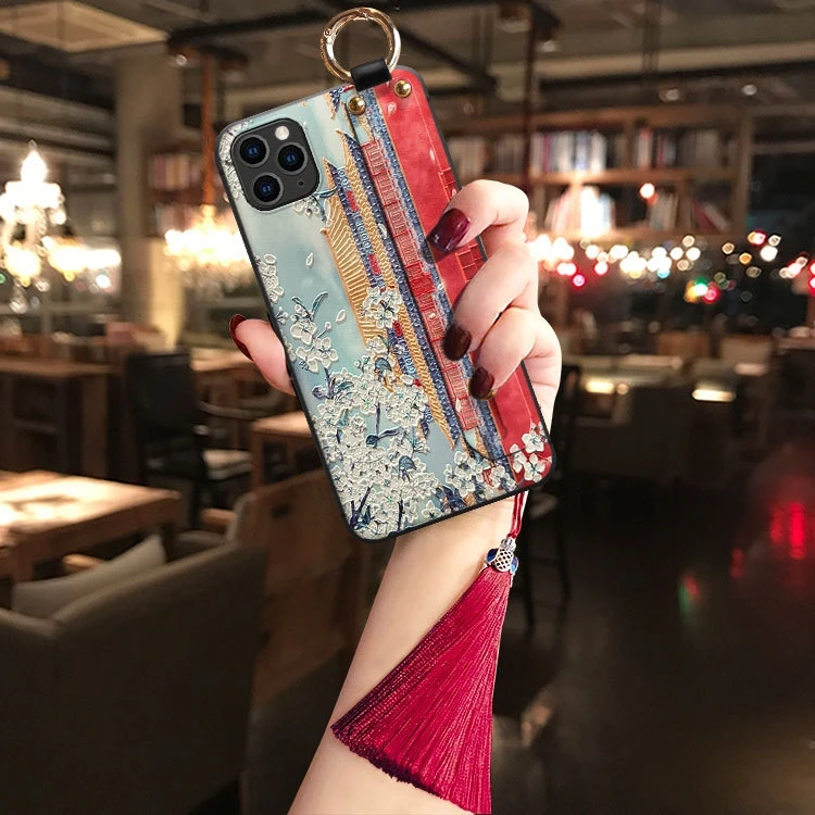 Para iPhone 16 16e 15 14 13 12 11 Pro Max Mini SE XR Plus Funda 3D en relieve banda de mano soporte de correa borla Funda suave - imagen 4