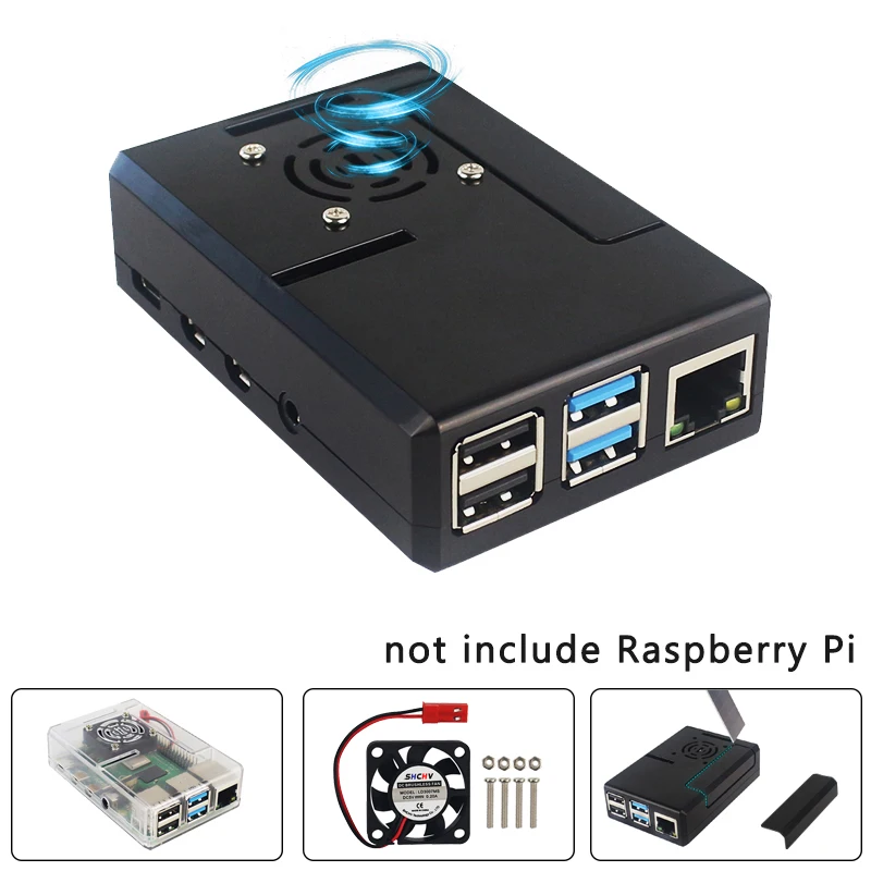 Raspberry Pi 4 Modelo B ABS Carcasa de plástico transparente negro Cubierta GPIO extraíble con ventilador de refrigeración para Raspberry Pi 4