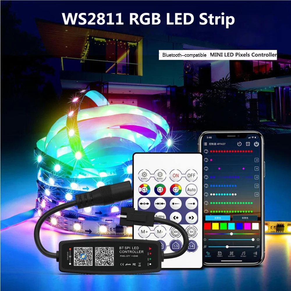 Controlador LED WS2812B, música compatible con Bluetooth para SK6812 WS2811 WS2812, tira de luces LED de píxeles, aplicación de 28 teclas, DC5-24V remoto - imagen 3
