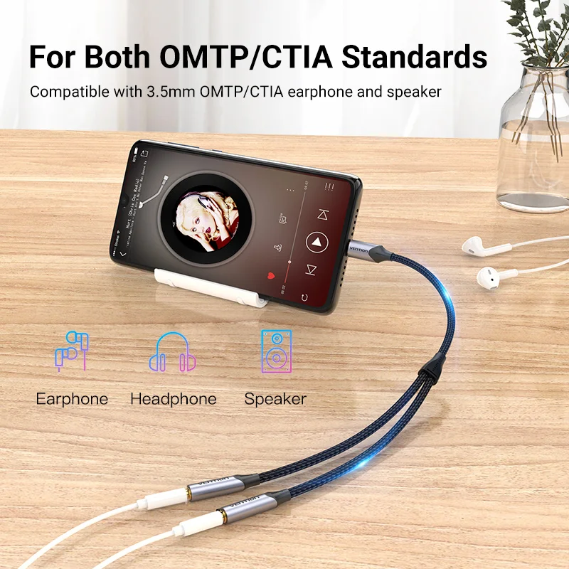 Vention-Adaptador de Audio tipo C a conector Dual 3,5, USB C a 3,5mm, Aux, auriculares dobles para USB-C, tableta, teléfono, portátil, Cable Jack 3, 5 - imagen 2