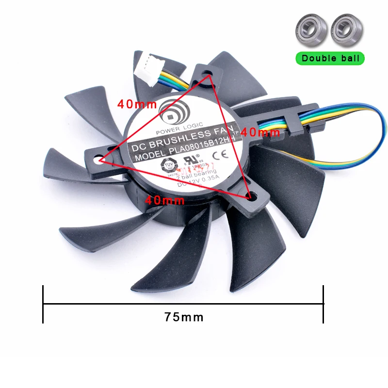 PLA08015B12HH diámetro 75mm, agujero de paso 40mm DC12V 0.35A 4 líneas 4pin ventilador de refrigeración de rodamiento de bolas doble para tarjeta gráfica - imagen 2