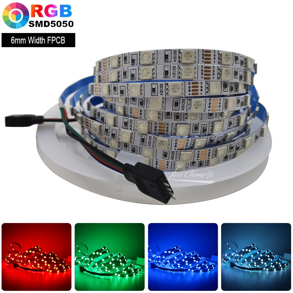 Tira de luces LED 5050 RGB DC12V 60LEDs/m de 6mm de ancho, tira de luz RGB Flexible de ahorro de energía para fondo de TV, pared interior, Hotel, 1-5m