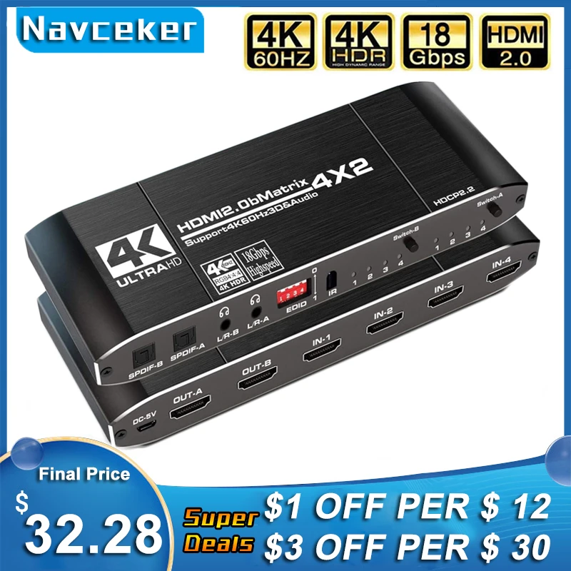 Divisor de interruptor matricial 2023 4x2 con SPDIF y L/R 3,5mm HDR compatible con HDMI, compatible con HDCP 2,2 ARC 3D 4K @ 60Hz para PS5 - imagen 2
