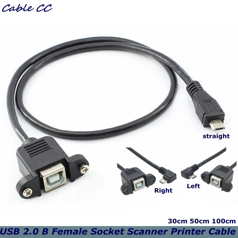 Nuevo USB 2,0 B hembra enchufe escáner impresora Panel montado en USB Micro B 5 pines Cable macho de 90 grados la mejor calidad 30cm 50cm 100cm