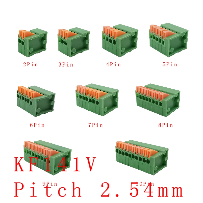 KF141V KF141R bloque de terminales sin tornillos con resorte de empuje de paso de 2,54mm conector PCB recto/doblado de pie 1/2/3/4/5/6/7/8/9/10 pines - imagen 2