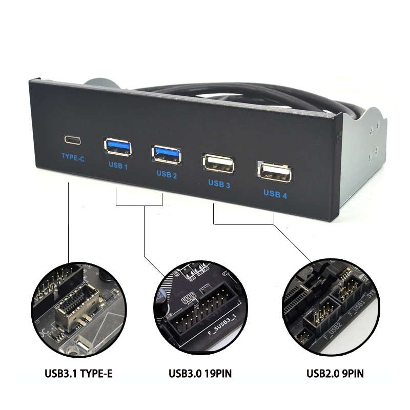 Hub USB de panel frontal USB 3,1 GEN2 de 5,25 pulgadas, 2 puertos USB 3,0 + 2 puertos USB2.0 + 1 puerto TYPE-C con conector TYPE-E para PC de escritorio