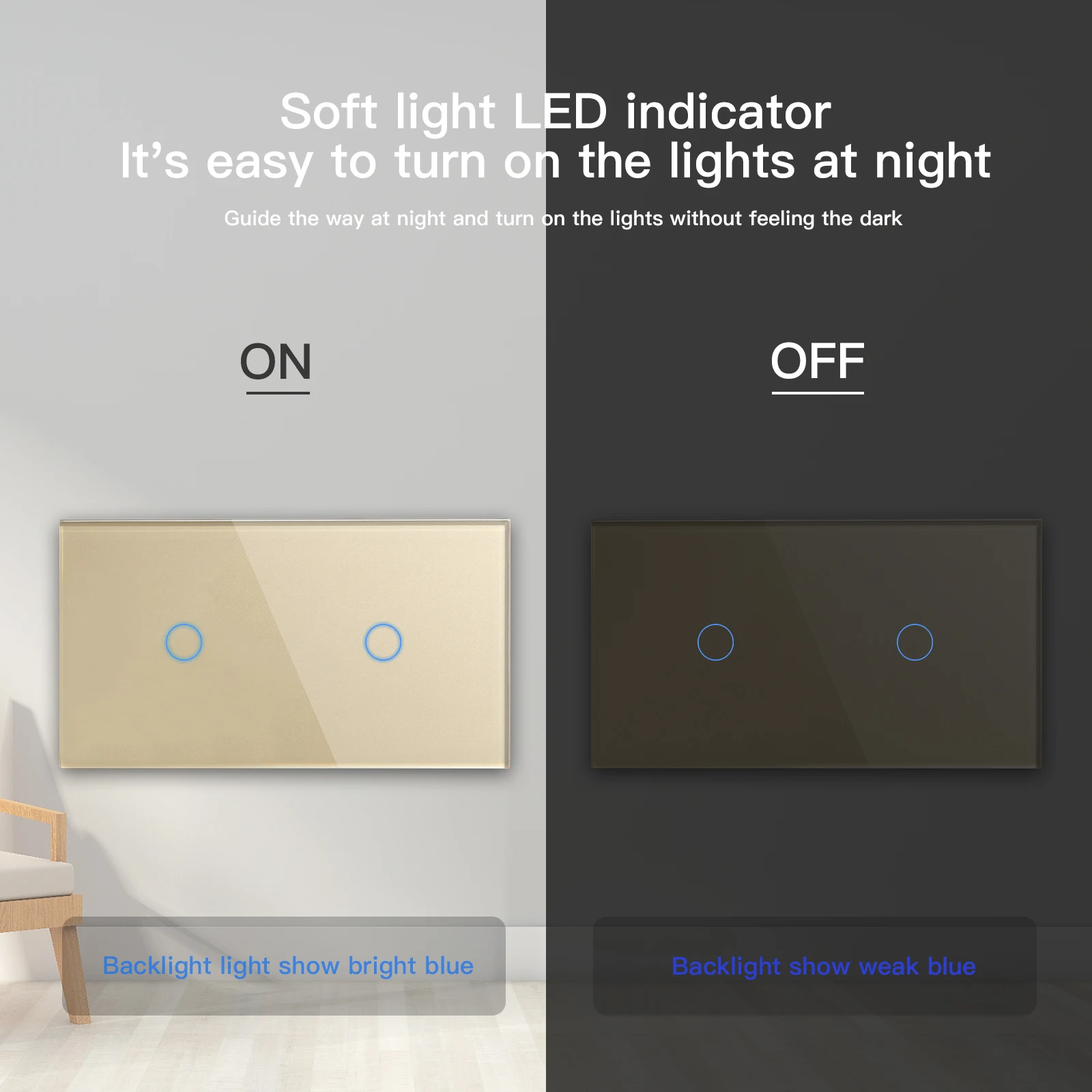 BSEED-interruptores de luz doble con Sensor táctil, interruptor de pared de cristal, 2 entradas y 1 vía, luz negra oscura, blanco, negro, dorado, 300W/Gang - imagen 3