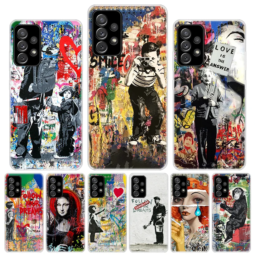 Banksy Graffiti Art Silicon Phone Case para Samsung Galaxy A54, A52, A53, A14, A12, A13, A24, A22, A23, A34, A32, A33, A04S, A02S, A03S