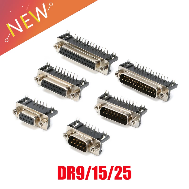 Conector d-sub soldado de ángulo recto DR9, DR15, DR25, Agujero/Pin hembra/macho, adaptador de puerto serie RS232, DB9, 9/15/25 pines