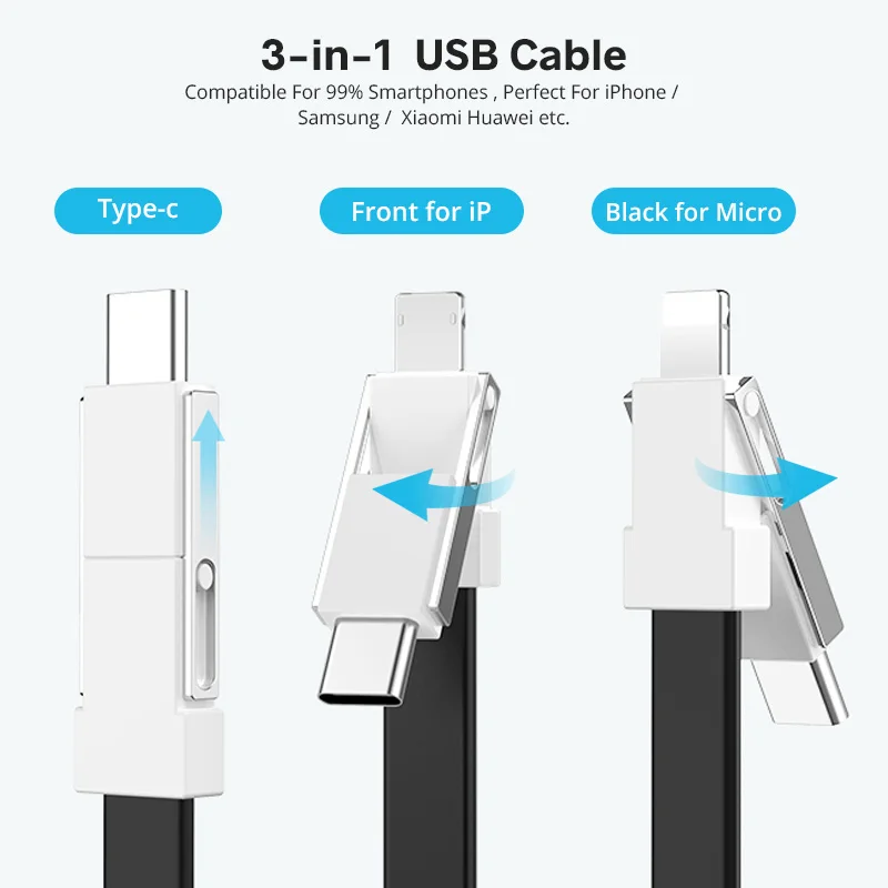Cable USB 3 en 1, Cable Micro USB tipo C para Samsung, Xiaomi, Huawei, 2A, Mini llavero, cargador, Cables de carga para IOS - imagen 3