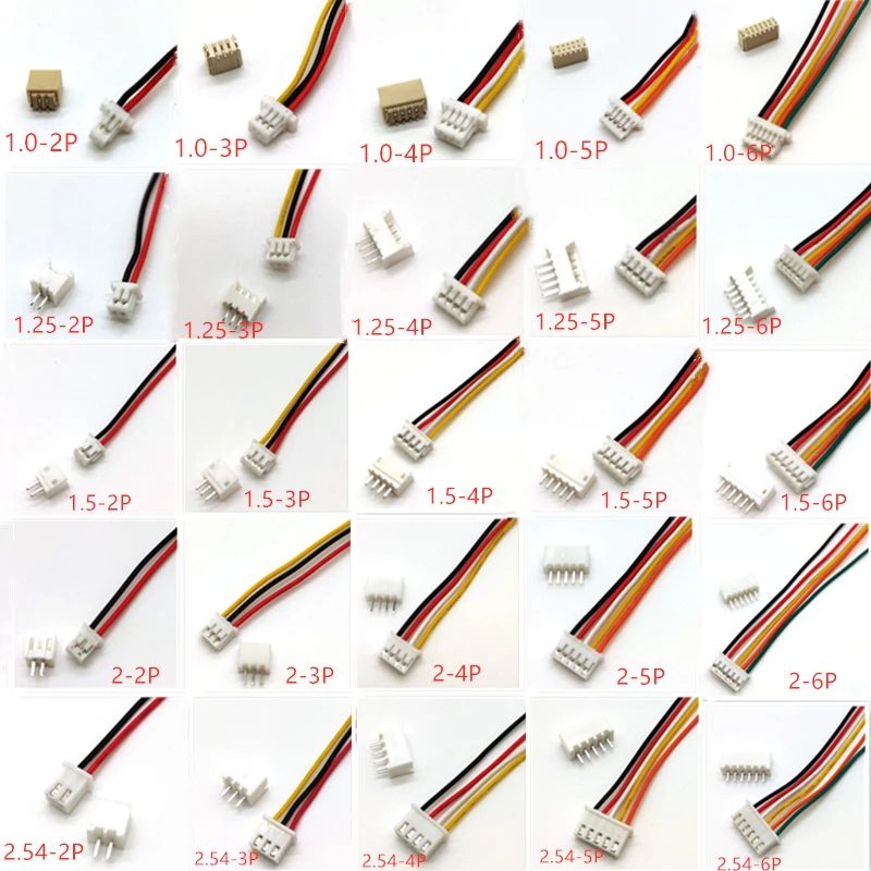 Kit Conectores SH1.0 JST1.25 ZH1.5 PH2.0 XH2.54 Macho+Hembra con Cable