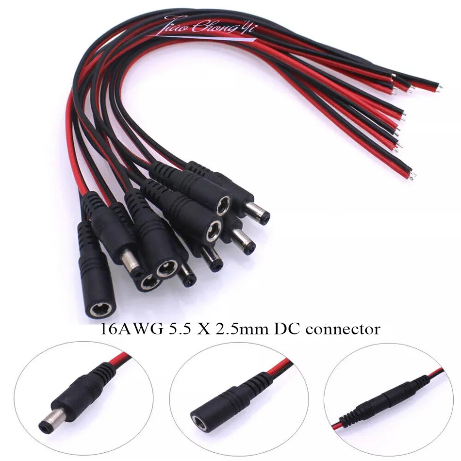 Conector de alimentación CC de alta calidad con cable DIY 16 AWG 5,5*2,5mm enchufe hembra y macho adaptador de enchufe DC12V-24V